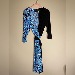 Bob Mackie Wearable Art Blue/Black Faux Wrap Dress M